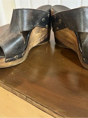 Bed Stu Black Leather and Wood Wedge Sandals